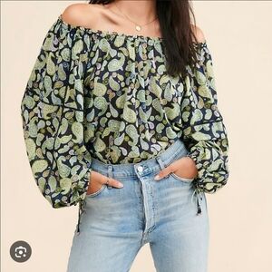 Free People Black Paisley Off-Shoulder Long Sleeve Bodysuit